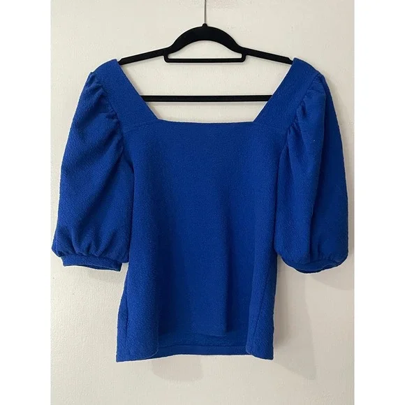 A New Day Royal Blue Textured Puff Sleeve Square Neck Top Women's Medium - Picture 3 of 9